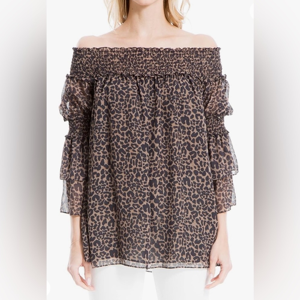 Max studio women’s small off the shoulder blouse three-quarter sleeve tiered